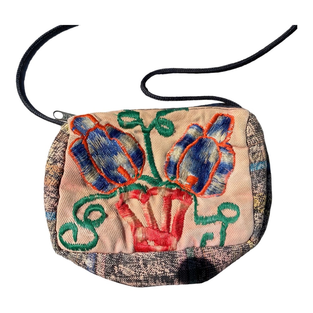 Embroidered vintage mini sling, cross body hippie bag with multicolored fabric